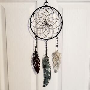 Spiral dreamcatcher with brown and white patina Three hanging feathers 24" long